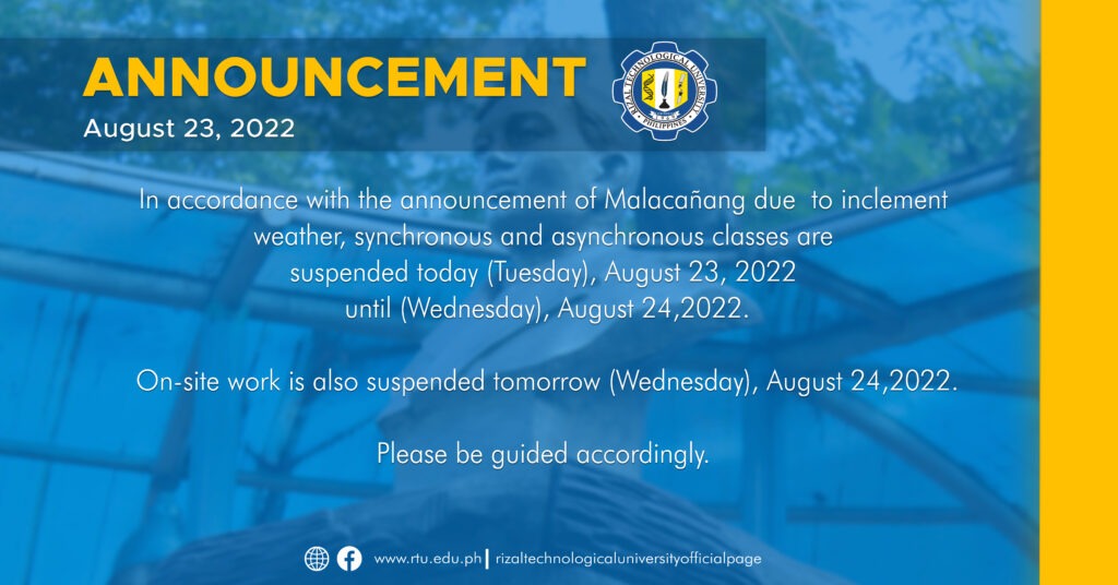Read more about the article SUSPENSION OF CLASS AND ONSITE WORK FROM AUGUST 23-24